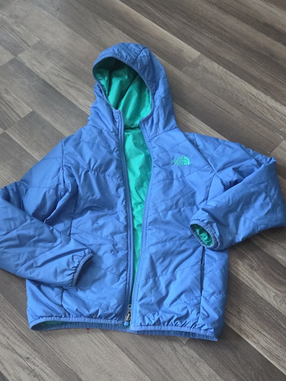 The North Face Kids Teal & Light Blue Hooded Puffer Jacket Size 10 Reverseable